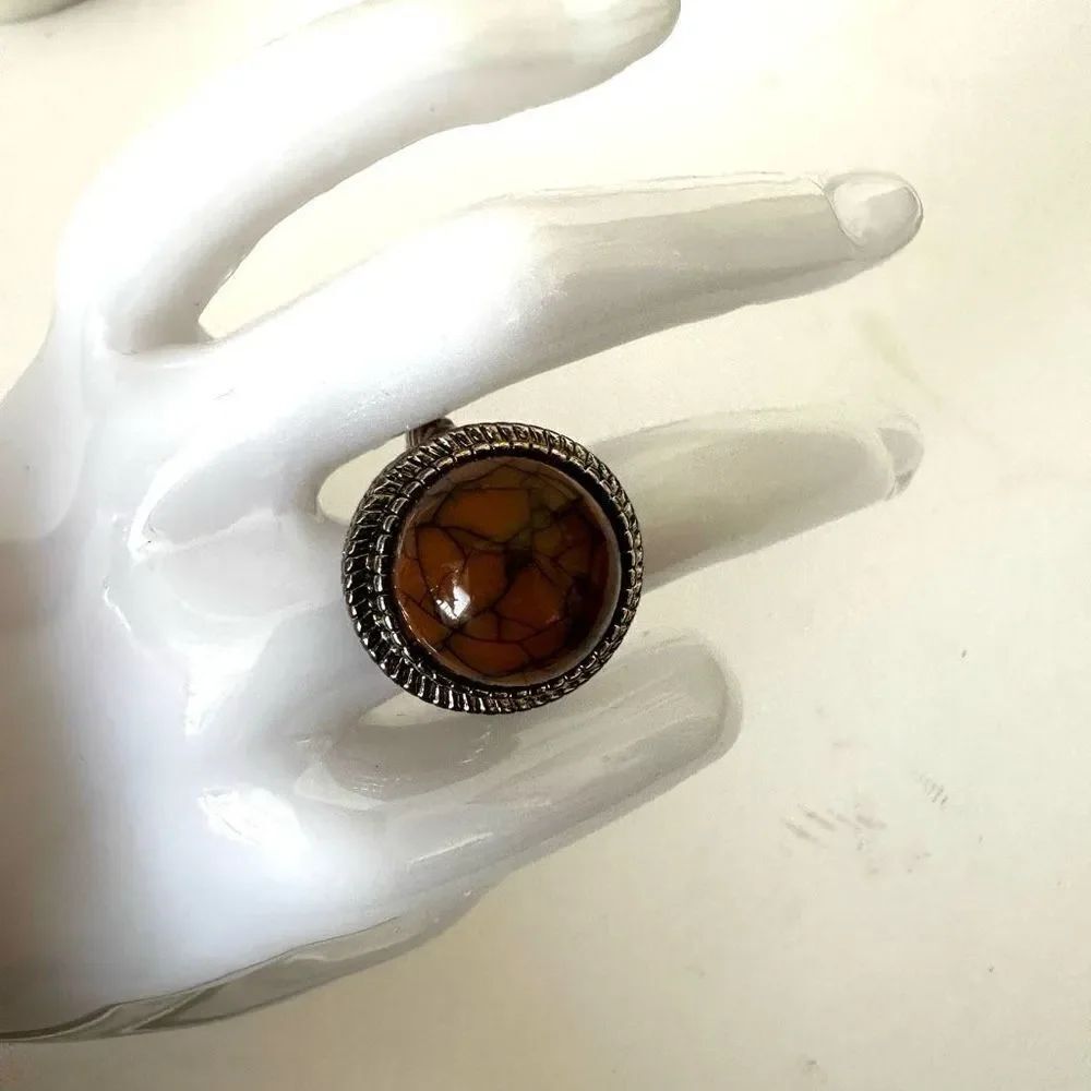 Vintage brown beaded silver tone ring